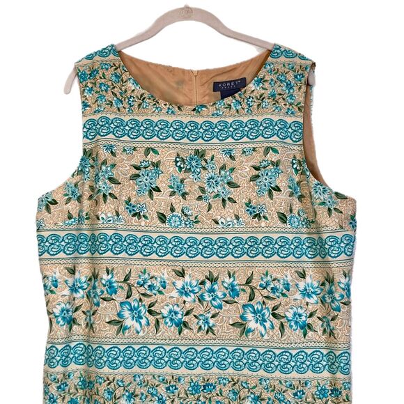 Midi Sleeveless Sheath Dress Floral Blue/Tan Women 18 Slit Career Koret Vintage - Picture 3 of 16